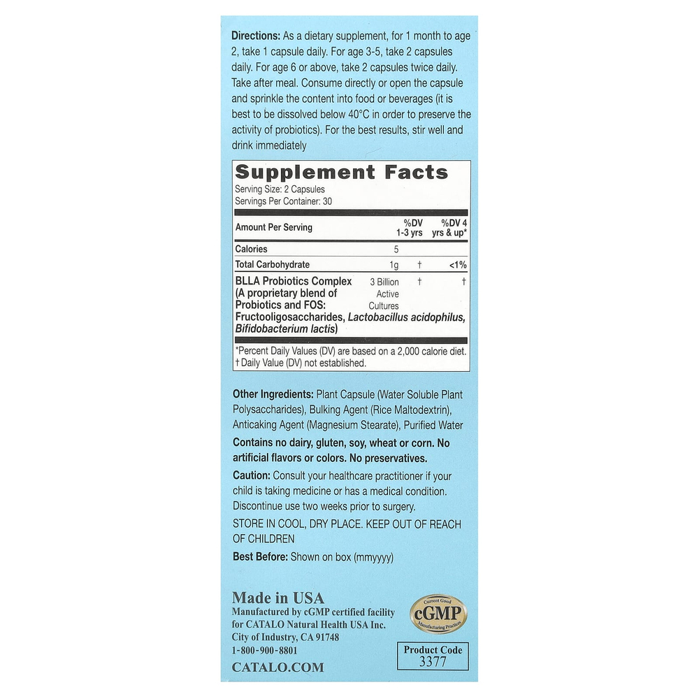 CATALO, Детские пробиотики, формула для улучшения пищеварения и иммунитета, от 1 месяца, 3 миллиарда КОЕ, 60 вегетарианских капсул