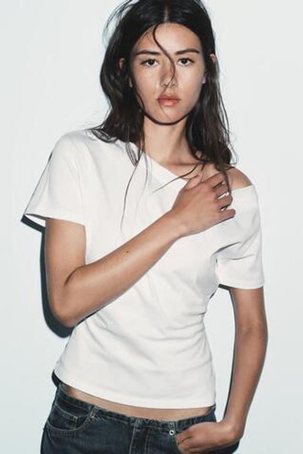 ZARA ФУТБОЛКА ОВЕРСАЙЗ В СТИЛЕ РУСТИК, БЕЛЫЙ