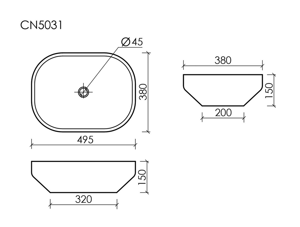Умывальник чаша накладная прямоугольная Element 500x380x150мм