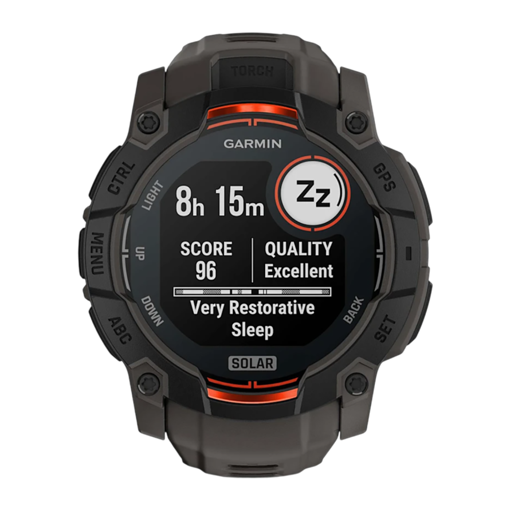 Спортивные часы Garmin Instinct 3, 50 мм, Solar, силиконовый ремешок угольного цвета Чёрный безель, дисплей Solar со стеклом Power Glass. Ремешок с классической застёжкой — на запястье обхватом 141–213 мм