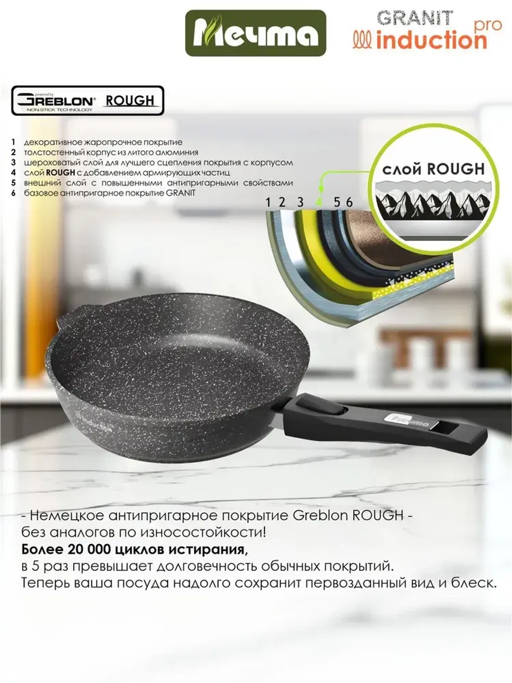 Сковорода индукционная "Мечта" Гранит с несъемной ручкой от 22см до 28см