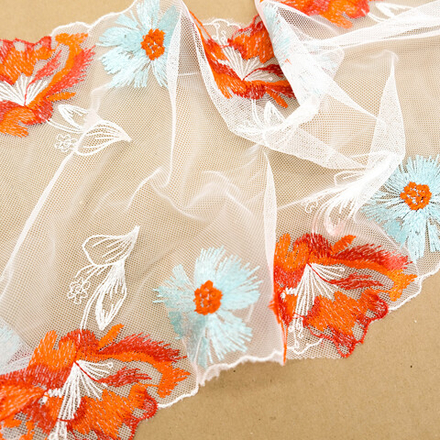 Вышивка на сетке ОРАНЖЕВЫЕ/МЕНТОЛОВЫЕ ЦВЕТЫ, 22см