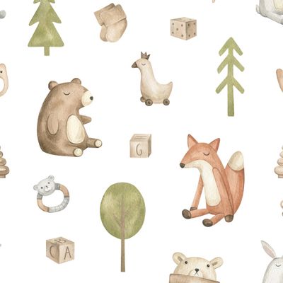 Лиса, медведь, деревья, детские игрушки