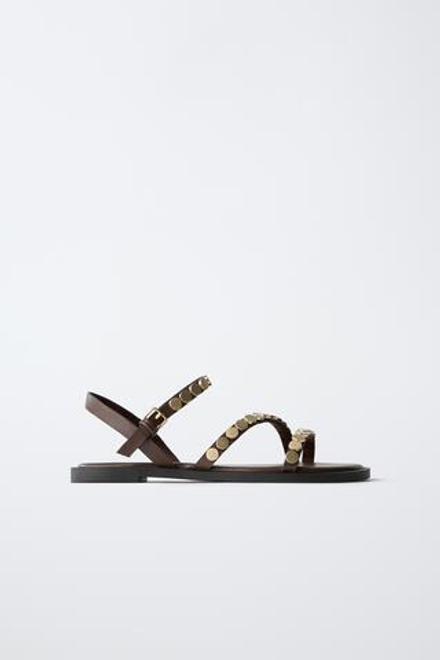ZARA БОСОНОЖКИ С ЗАКЛЕПКАМИ, КОРИЧНЕВЫЙ