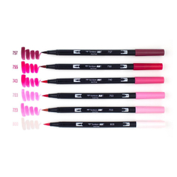 Набор Tombow ABT Dual Brush Pen 6 Pink Blendables: 757 Port Red, 755 Rubine Red, 743 Hot Pink, 703 Pink Rose, 723 Pink, 800 Pale Pink