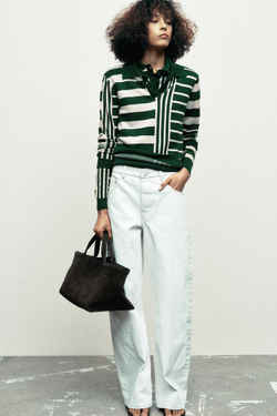 ZARA СВИТЕР В ПОЛОСКУ С ВОРОТНИКОМ ПОЛО, ЗЕЛЕНЫЙ