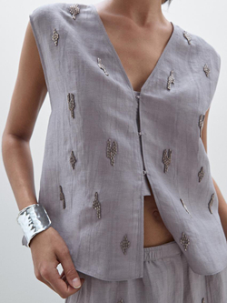 Massimo Dutti Топ из 100% льна с вышивкой из бисера, фиолетовый