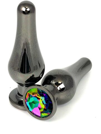Черная удлиненная анальная пробка с разноцветным кристаллом - 8 см. (Цвет: разноцветный)
