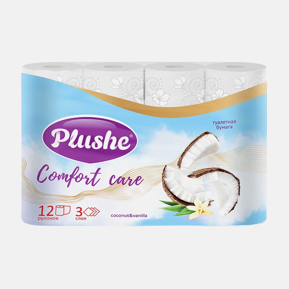 Туалетная бумага Plushe Comfort Кокос/Лилия/Нектарин 3 слоя 12 рулона в ассортименте