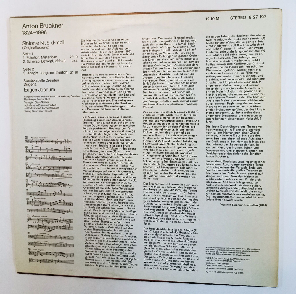 Винтажная виниловая пластинка LP Anton Bruckner Антон Брукнер Staatskapelle Dresden, Eugen Jochum Sinfonie Nr. 9 D Moll (ГДР 1979)