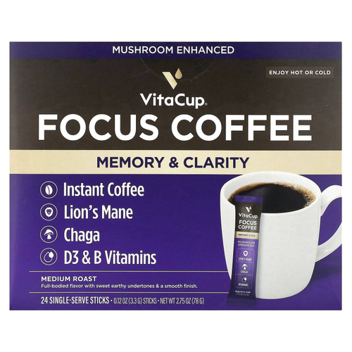VitaCup, Focus растворимый кофе, средней обжарки, 24 палочки на одну порцию, по 3,3 г (0,12 унции)