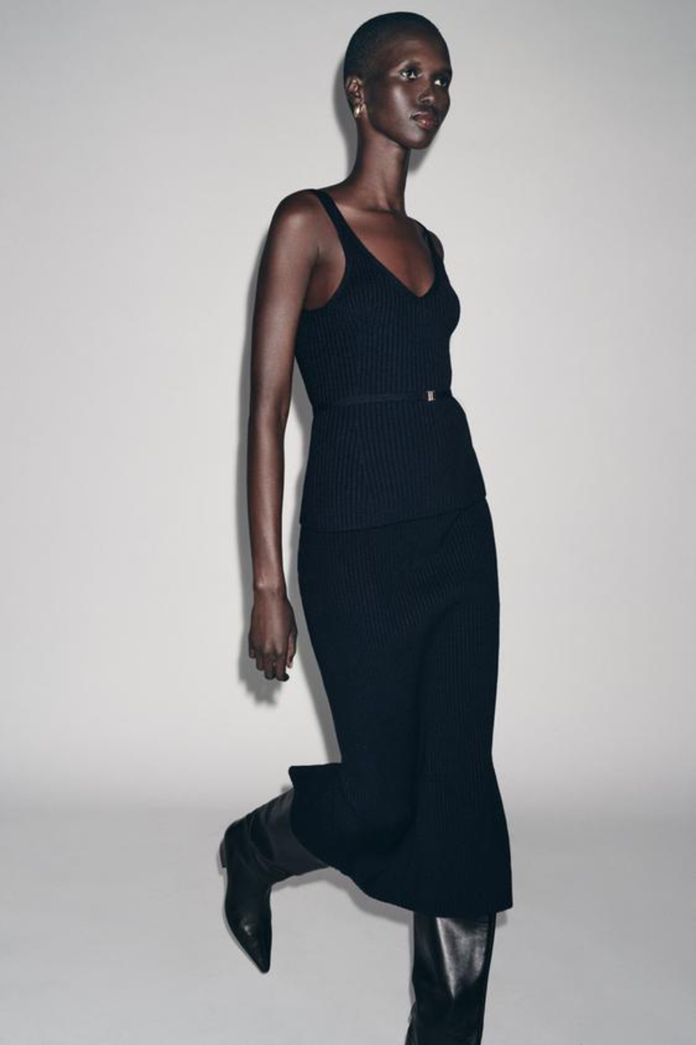 ZARA ТРИКОТАЖНАЯ ЮБКА-МИДИ В РУБЧИК, МОРСКОЙ СИНИЙ