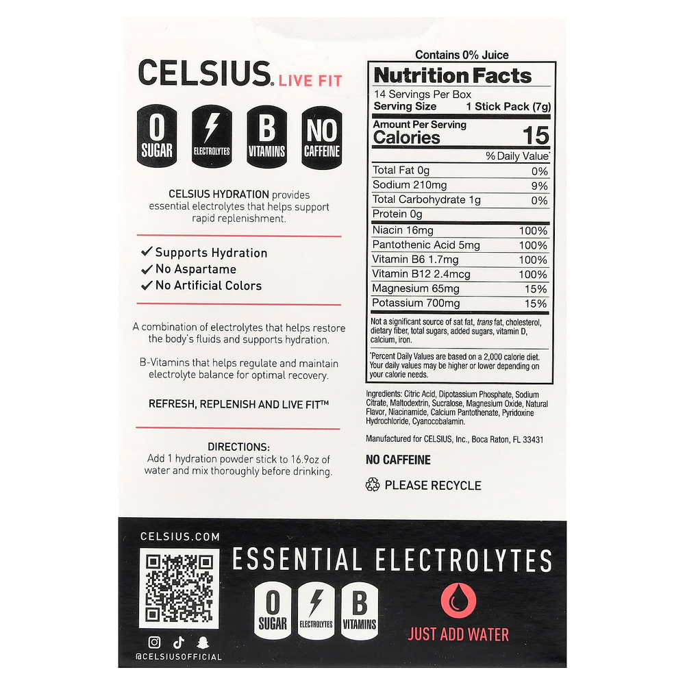 Celsius, Live Fit, увлажнение, незаменимые электролиты, без кофеина, клубника и арбуз, 14 порошковых стиков для увлажнения, по 7,28 г (0,26 унции)