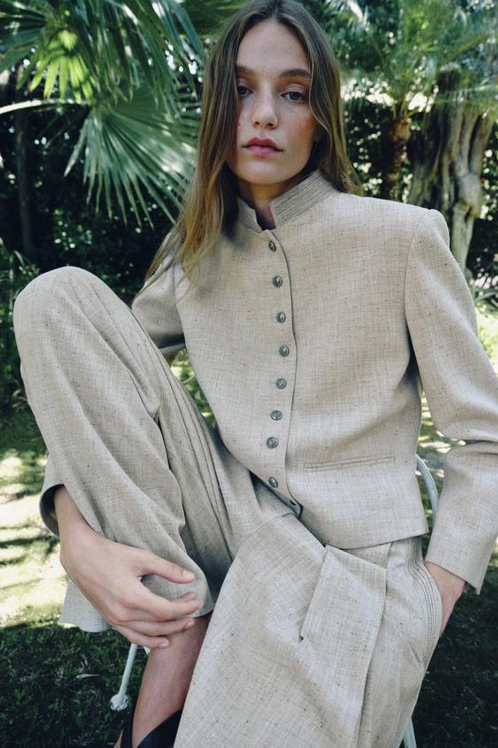 ZARA БРЮКИ ПРЯМОГО КРОЯ С ДЕКОРАТИВНОЙ СТРОЧКОЙ — ZW COLLECTION, БЕЖЕВЫЙ