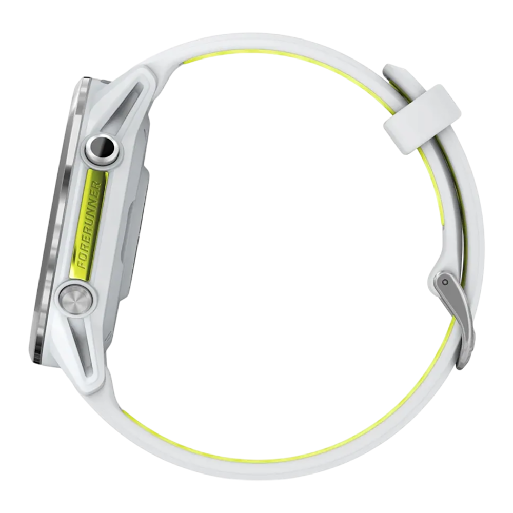 Спортивные часы Garmin Forerunner 970, силиконовый ремешок цвета «Уайтстоун»/дымчато-жёлтый Безель из титана, корпус цвета «Уайтстоун», AMOLED-дисплей с сапфировым стеклом. Ремешок с классической застёжкой — на запястье обхватом 135–205 мм