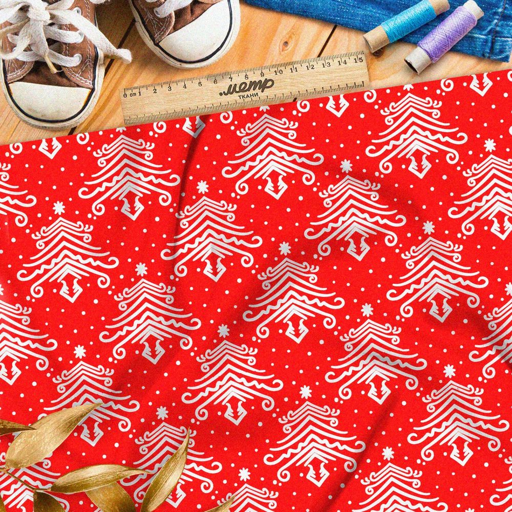 Ткань оксфорд 600 отзеркаленные белые ёлки на красном фоне