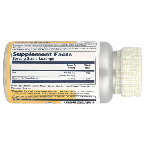 Solaray, Леденцы с фолиевой кислотой, витамин B12, натуральная вишня, 1000 мг, 90 пастилок
