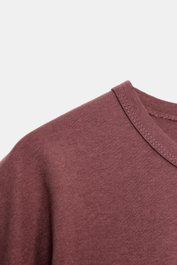 ZARA ФУТБОЛКА В СТИЛЕ РУСТИК С РУКАВАМИ ТРИ ЧЕТВЕРТИ, БАКЛАЖАННЫЙ