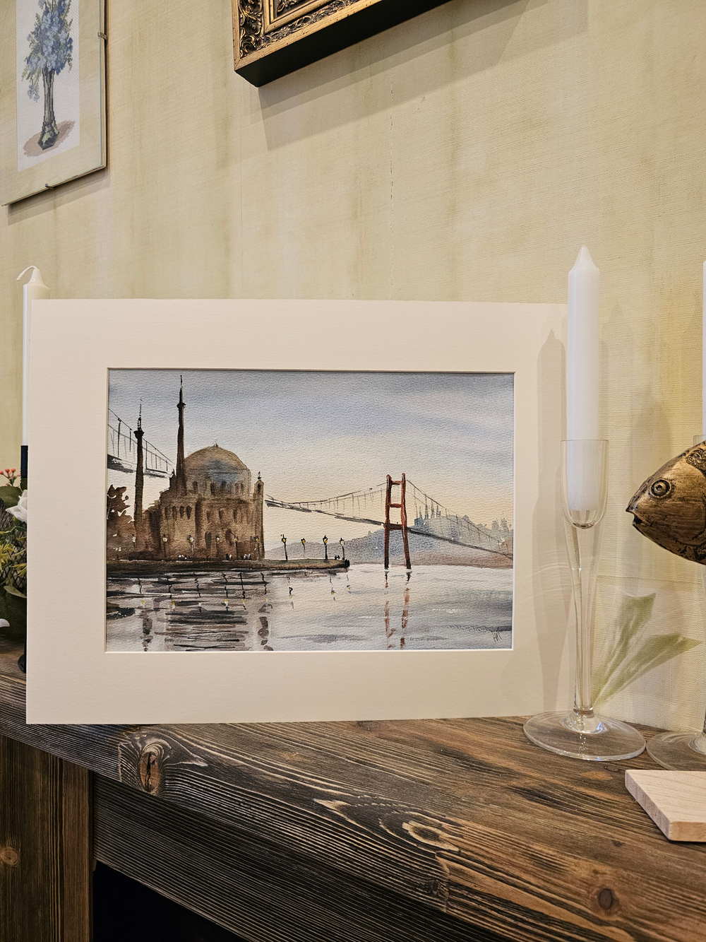 Картина авторская акварельная в паспарту 30х40 см на стену для интерьера "Мечеть Ортакей. Стамбул"