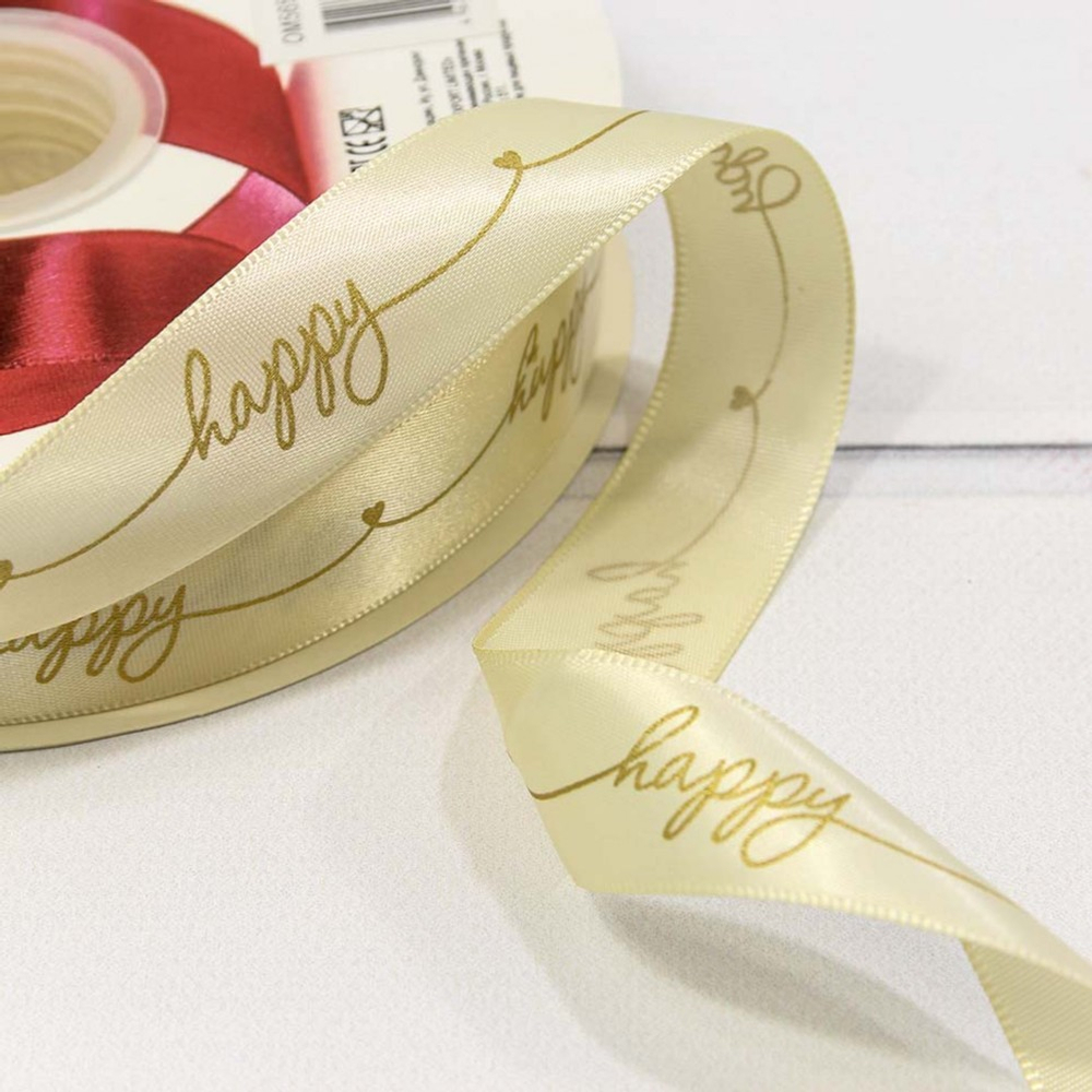 Лента Атласная 2,5см х 110м Полиэстер "Happy" с печатью (Бежевый)