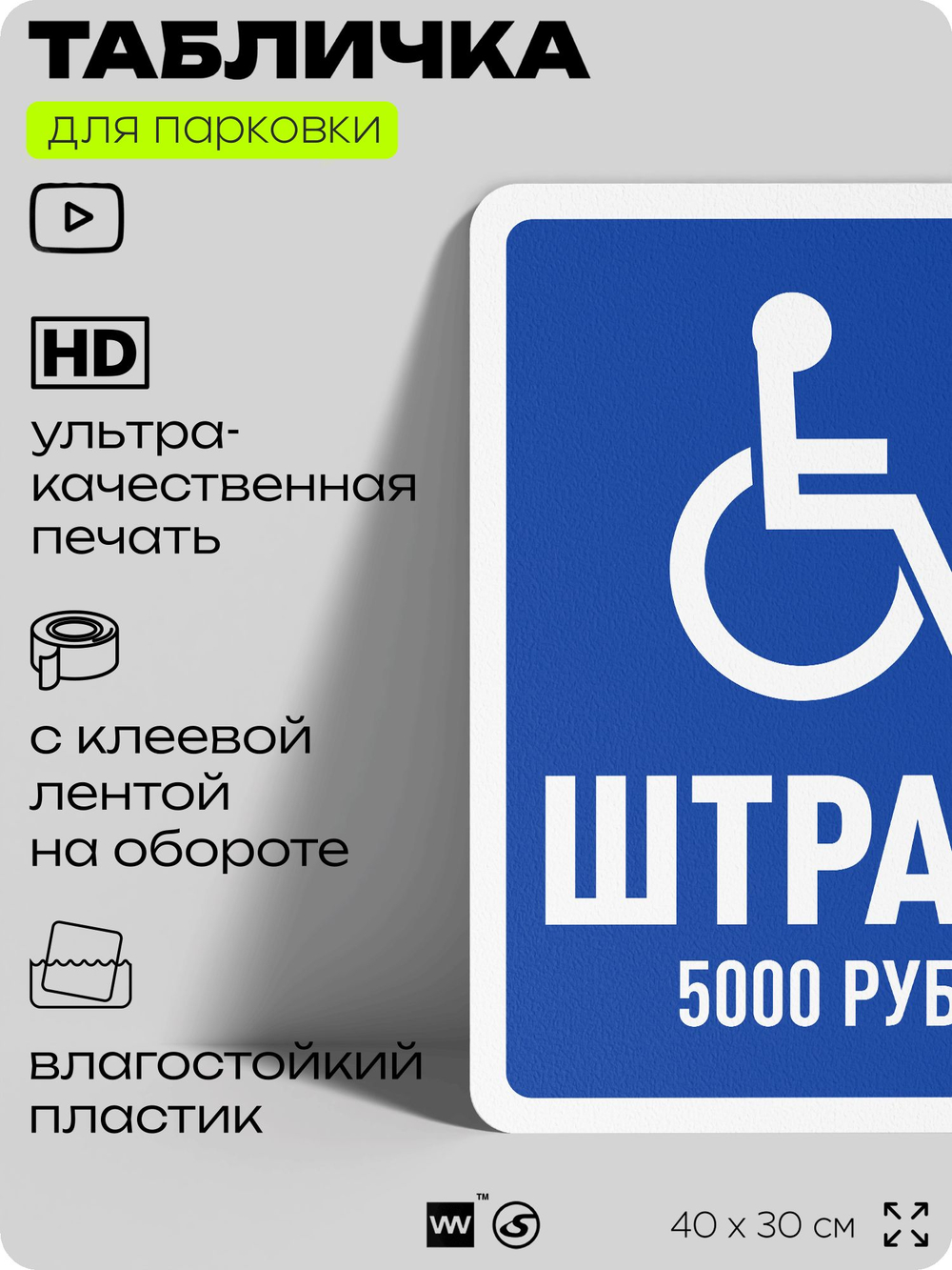 Табличка для парковки "Инвалидная парковка, штраф - 5000 руб", для дома, офиса, организаций, 40х30 см, Silver Plane x Айдентика Технолоджи