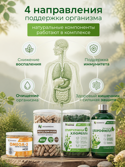 Набор Анти-Аллергия. Контроль (хлорофилл, спирулина+хлорелла, псиллиум, омега-3)