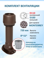 Комплект вентиляции: Вентиляционный выход изолированный D125/160/700 утепленный, проходной элемент для металлочерепицы Monterrey, колпак вентиляционный TP D 160 мм, переход на канализационную трубу D110 с вентиляционного выхода 125/160 без уплотнения, коричневый