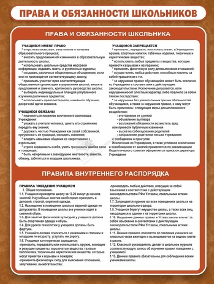 &nbsp;Стенд "Права и обязанности школьников" 0,9х1,2 м