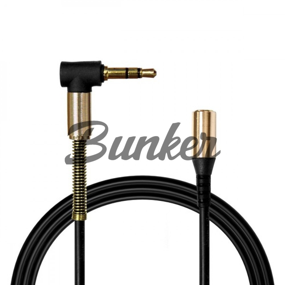 Кабель-удлинитель AUX (3,5*3,5) золото металл угловой штекер, 1м, круглый черный ПВХ