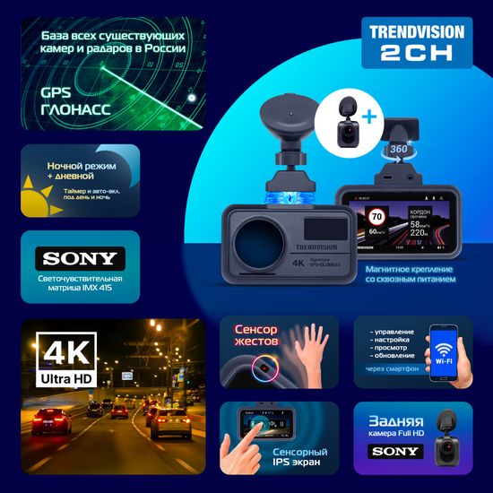 Видеорегистратор TrendVision TDR-725 Real 4K 2CH