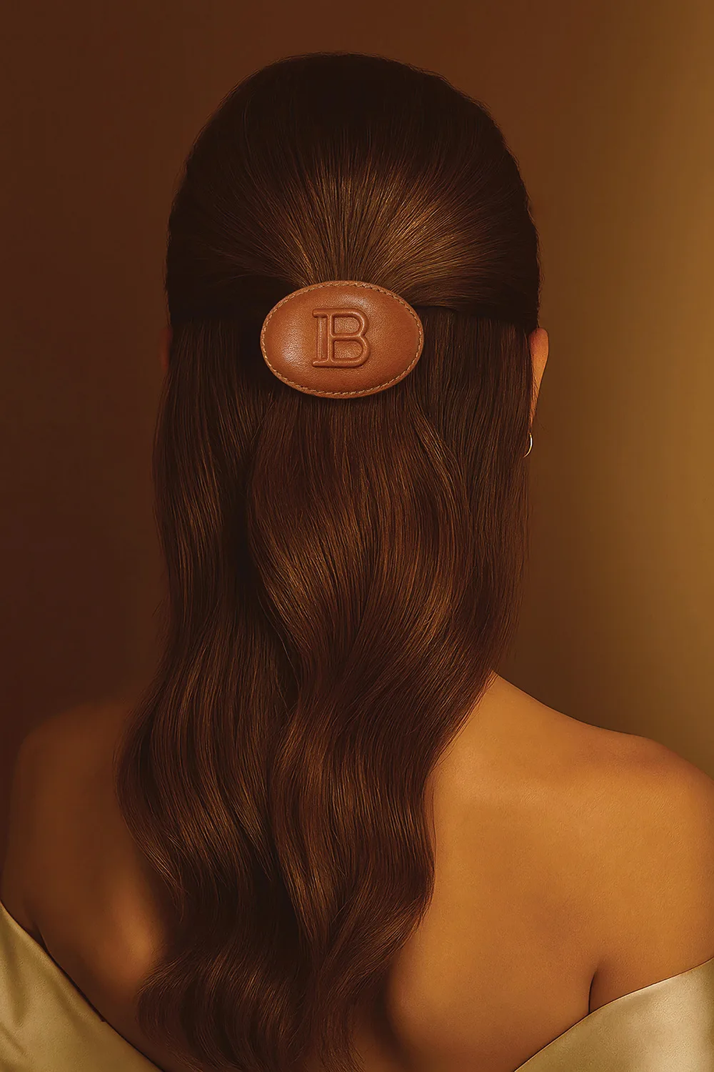 Balmain Hair Couture Заколка-автомат овальная кожаная цвет шоколад с буквой В "Путь к тайне" Limited Edition Leather Barrette Brown C2 26