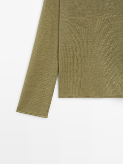 Massimo Dutti Свитер из льняного трикотажа с круглым вырезом, зеленый