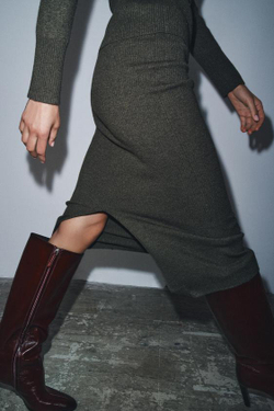 ZARA ЮБКА МИДИ В РУБЧИК, ТЕМНЫЙ ХАКИ