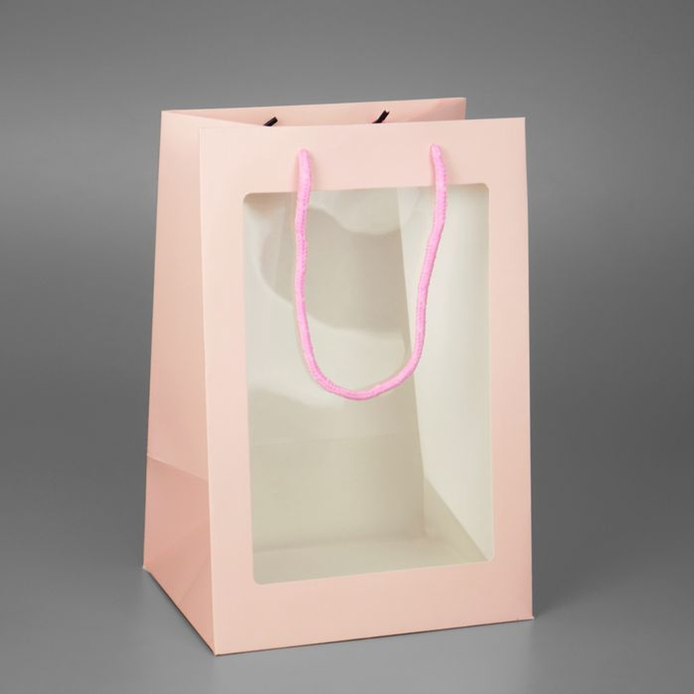 Пакет картонный с окном и ручками 30*20*15 см, розовый