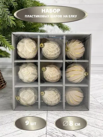 Набор пластиковых шаров Рандеву 80 мм., 9 шт., белый с золотом, Christmas DeLuxe (87804)