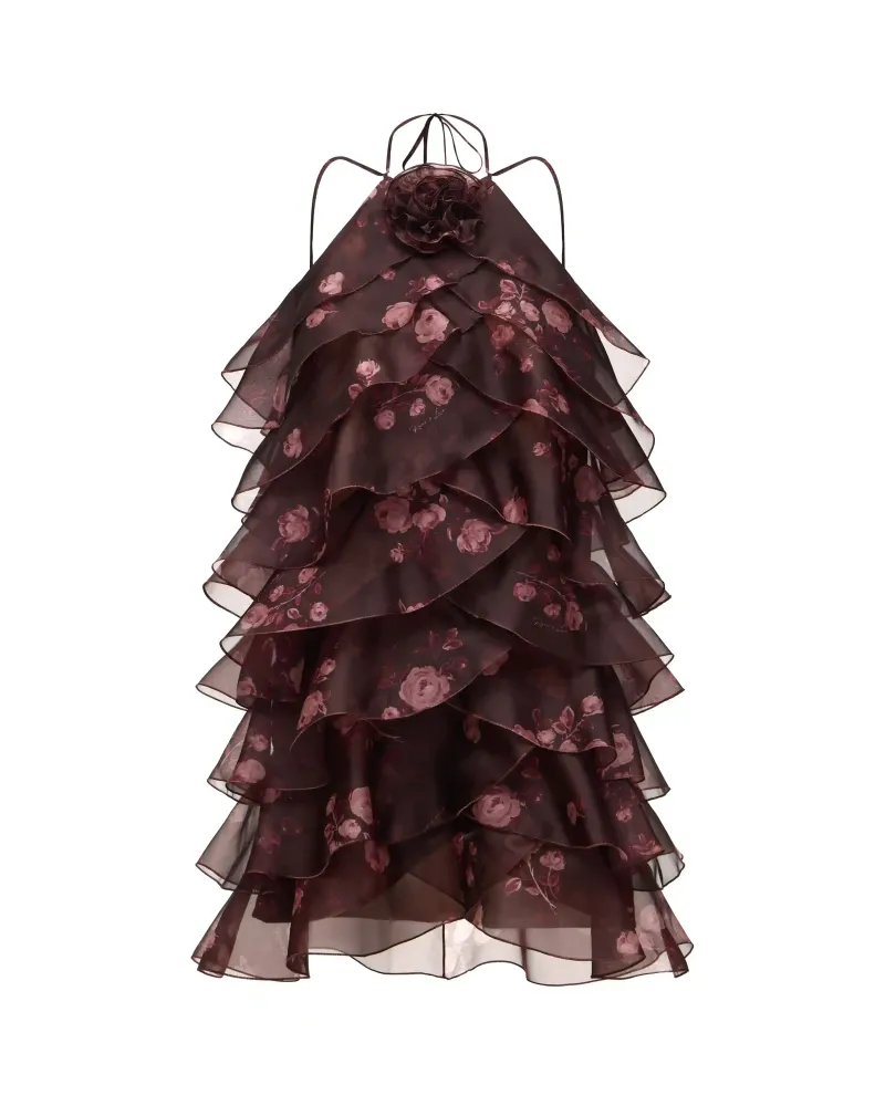 Dahlia, платье мини из бордовой органзы с цветочным принтом, с розой