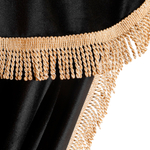 Шторы спального места с ламбрекеном и прихватами в кабину Volvo, Scania, MAN, DAF, Merc, Камаз, Sitrak, Shacman, Foton, FAW. Высота 1,5м, ширина одной стороны - 1,15м. Блэкаут, велюр. Черный цвет с бежевой бахромой