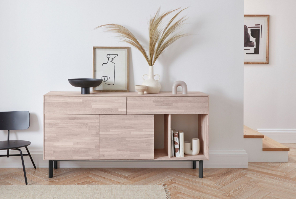 Комод с 2 ящиками Виби 165х42х84 см из массива дуба, тумба под телевизор на металлических ножках в стиле лофт