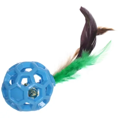 Игрушка - шарик для кошек «МУРОЧКИН», цвет синий, с бубенчиком и перышками, 4,5см