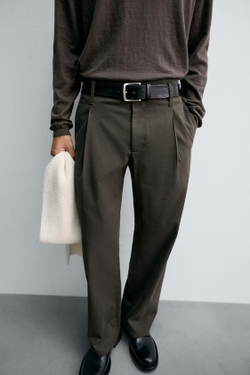 ZARA БРЮКИ СО СКЛАДКАМИ ИЗ ХЛОПКА И ВИСКОЗЫ, ТЕМНЫЙ ХАКИ