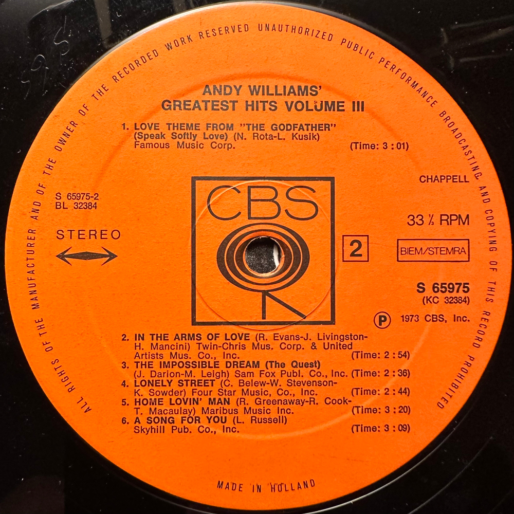 Andy Williams - Greatest Hits Vol. 3 (Голландия 1974г.)