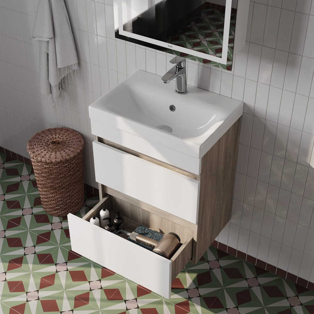 Тумба с умывальником подвесная с ящиками IDDIS Zodiac, 50 см, белая/под дерево, ZOD5AB0i95K