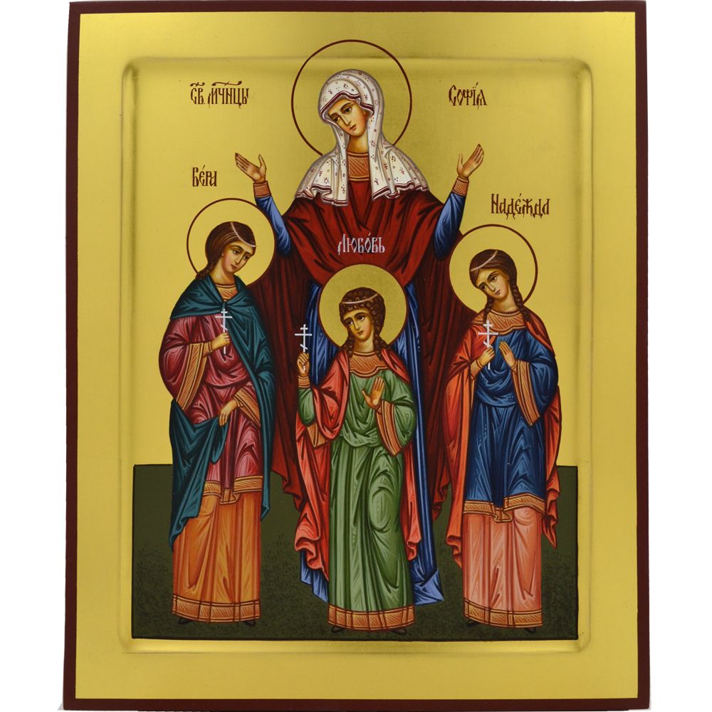 Вера, Надежда, Любовь и мать их Софья. Рукописная икона. 21 х 25 см.