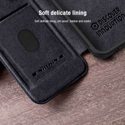 Кожаный чехол книжка от Nillkin для iPhone 15, серия Qin Pro Leather с защитной шторкой для камеры