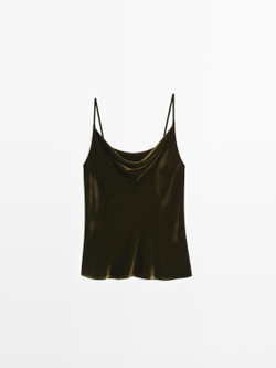 Massimo Dutti Бархатный топ с драпировкой, оливково-зеленый