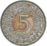 Germany, 5 Mark 1960 – Federal Eagle (Hamburg Mint - "J"), XF