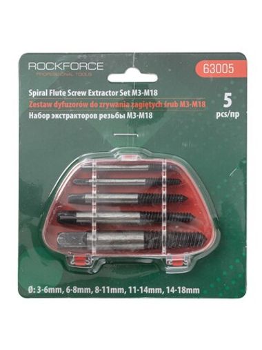 Набор экстракторов резьбы 5пр.(М3-М18, ?:3-6мм, 6-8мм, 8-11мм, 11-14мм, 14-18мм), в пластиковом футляре RockForce##Rock FORCE RF-63005