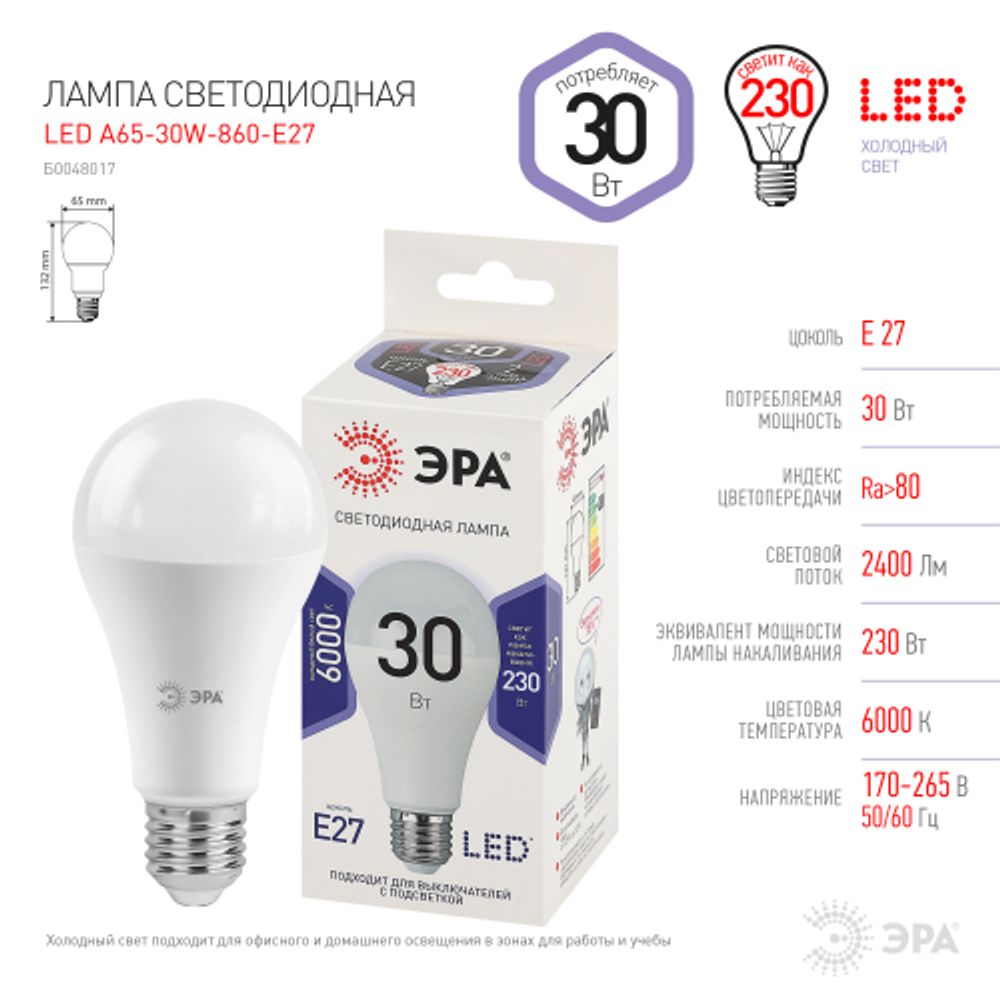 Лампа светодиодная ЭРА STD LED A65-30W-860-E27 30Вт груша холодный дневной свет Е27 | Лампы cветодиодные Груша (A)