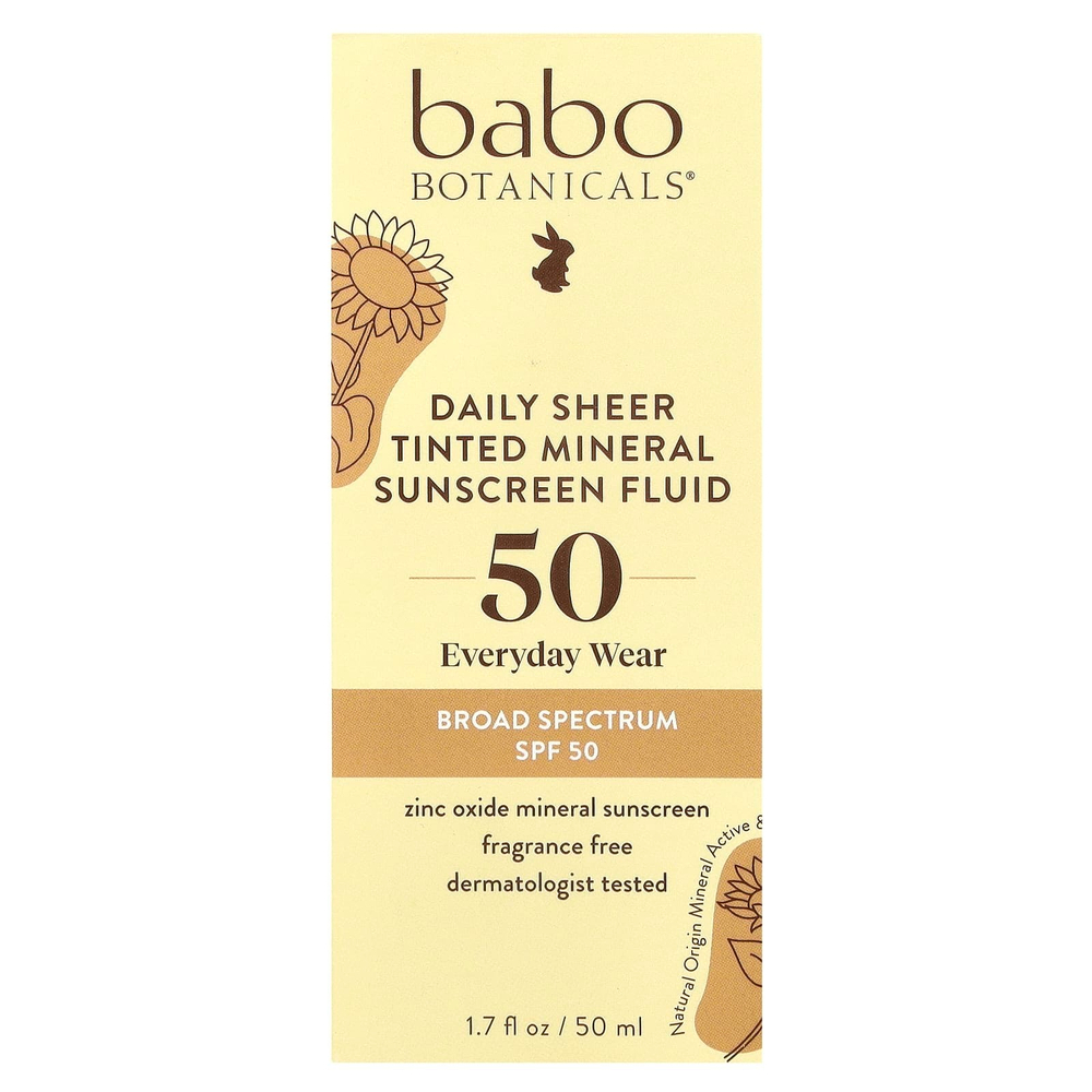Babo Botanicals, ежедневный солнцезащитный жидкий минерал с полупрозрачным оттенком, SPF 50, без отдушек, 50 мл (1,7 жидк. унции)