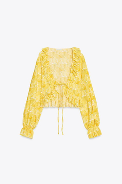 ZARA ТОП С ВОЛАНАМИ И V-ОБРАЗНЫМ ВЫРЕЗОМ, ЖЕЛТЫЙ